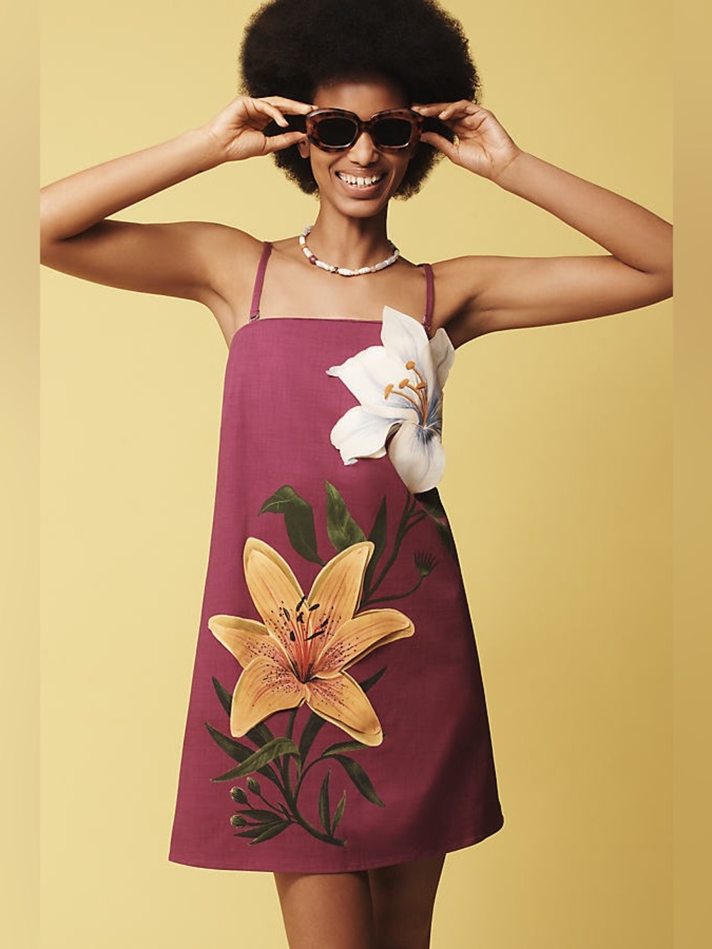 Farm Rio strapless purple floral appliqué mini dress
